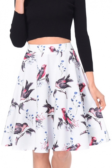 New Stylish Elegant Bird Printed Zipper Fly Midi A-Line Skirt