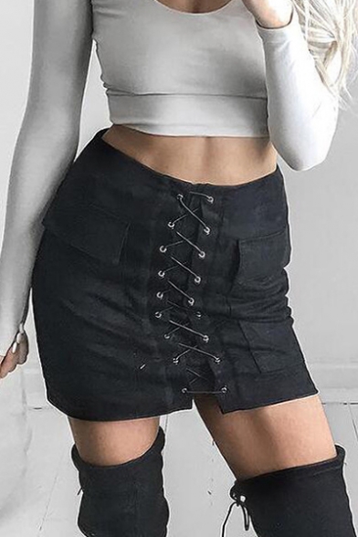 Popular Lace Up Front Flap Pockets Zip Back High Waist Mini Bodycon Skirt