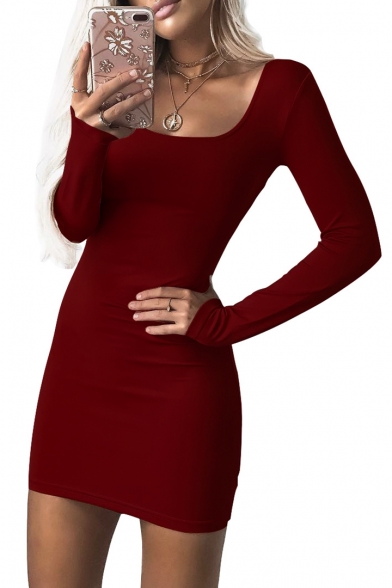 Sexy Slim Plain Square Neck Long Sleeve Mini Bodycon Dress