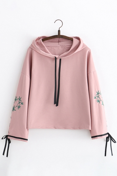 Simple Leaf Embroidered Bow Cuff Wide Sleeve Cropped Pullover Hoodie