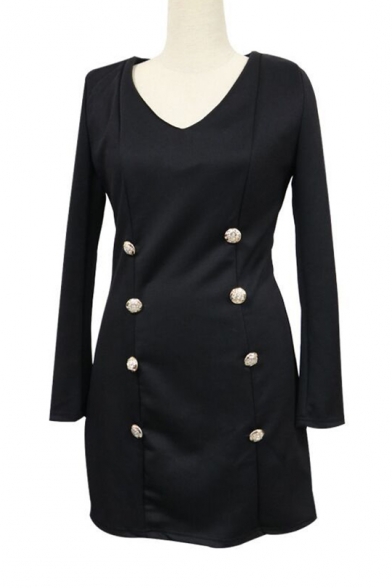 Top Design Button Detail V-Neck Long Sleeve Zip Back Plain Mini Pencil Dress