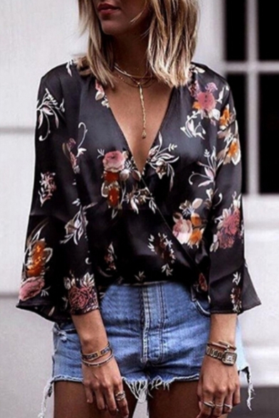 Top Design Floral Pattern V-Neck Wrap Front Wide Sleeve Kimono Top