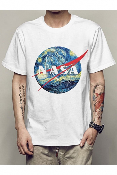 Letter Planet Print Round Neck Short Sleeves Casual Tee