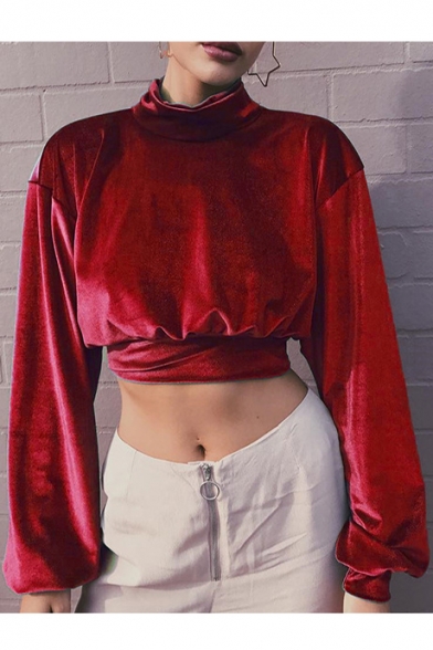 Women's Fashion High Neck Long Sleeve Cropped Plain Velvet Sweatshirt