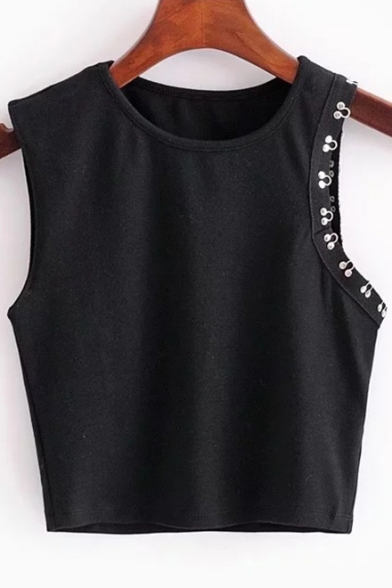 Women's Pop Fashion Button Detail Plain Round Neck Cropped Slim Fit Tank