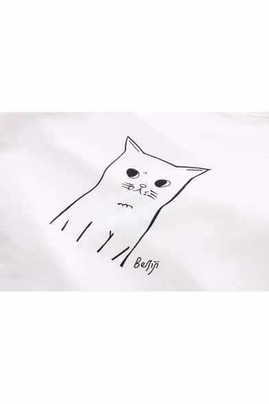 Adorable Cat Printed Contrast Cuff Round Neck Short Sleeve Comfort Tee