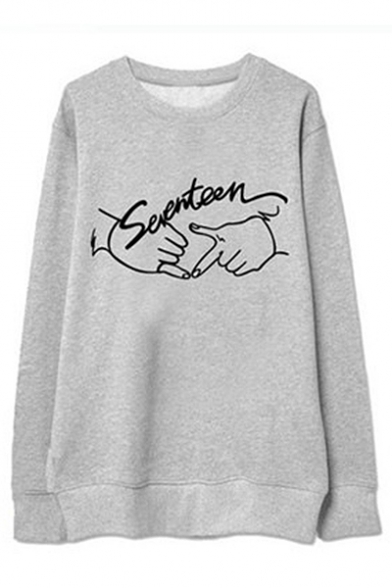 Basic Letter Hand Printed Round Neck Long Sleeve Pullover Sweatshirt