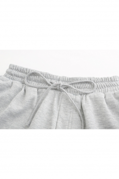 Basic Plain Roll Cuff Drawstring Waist Leisure Shorts with Pockets