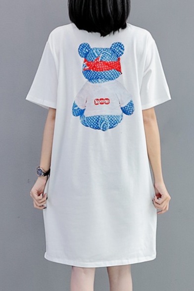 Cartoon Bear Printed Round Neck Short Sleeve Midi T-Shirt Dress