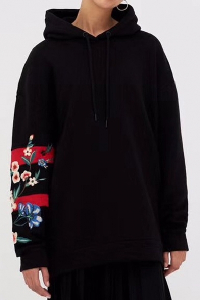 Casual Floral Embroidered Long Sleeves Pullover Loose Hoodie