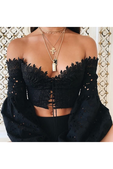 Chic Hollow Out Off The Shoulder Lantern Sleeve Plain Lace Up Front Cropped Blouse