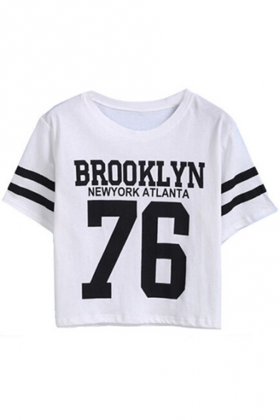 Chic Letter Number Striped Printed Round Neck Short Sleeve Cropped Tee