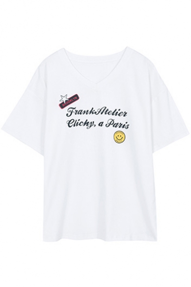 Chic Smile Face Letter Printed V Neck Short Sleeve Graphic Tee