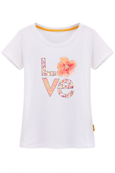 Comfort Letter Floral Printed Round Neck Short Sleeve Leisure Tee