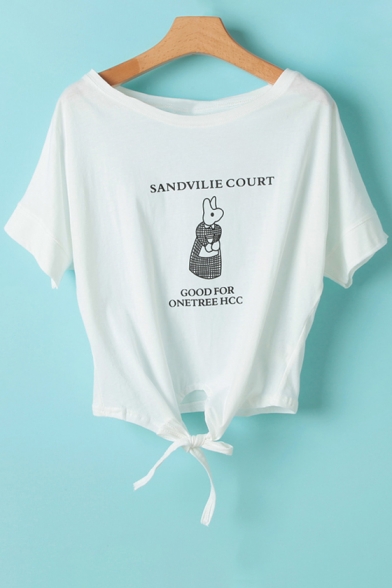 Cute Rabbit Letter Printed Round Neck Short Sleeve Tied Front Cropped Tee