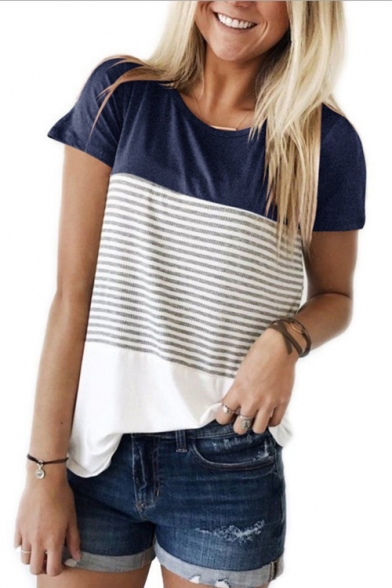 Fancy Chic Color Block Striped Pattern Round Neck Short Sleeves Summer T-shirt