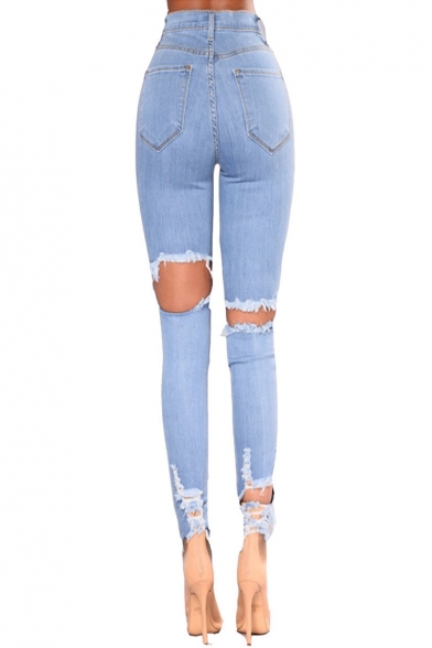 Fashionable High Waist Plain Ripped Off Hollow Detail Zipper Fly Skinny Jeans
