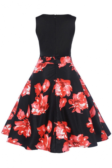Hot Fashion Floral Print V-Neck Sleeveless Patchwork Midi Fit & Flare Dress