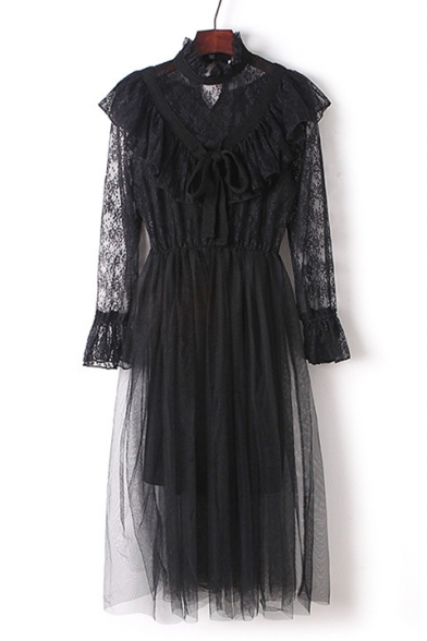 Lady Sheer Lace Mesh Mock Neck Long Sleeve Two Pieces Bow Embellished Plain Maxi A-Line Dress