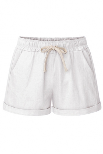 Leisure Roll Cuff Drawstring Waist Plain Shorts with Pockets