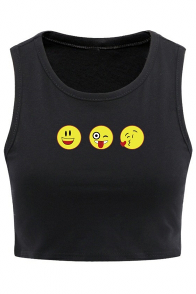 Popular Lovely Emoji Printed Round Neck Sleeveless Cropped Tank