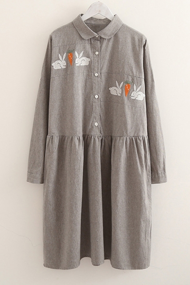 Popular Rabbit Carrot Embroidered Button Detail Lapel Long Sleeve Mini Smock Dress