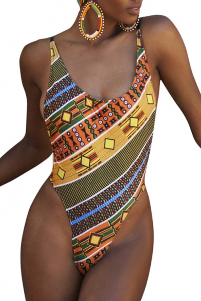 Popular Tribal Pattern Scoop Neck Open Back Slim Fit One Piece Swimwear