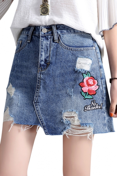 Ripped Floral Embroidered High Waist Zipper Fly Mini A-Line Denim Skirt