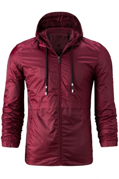Sportive Plain Zip Up Drawstring Detail Men's Slim Fit Outdoor Hooded Jacket
