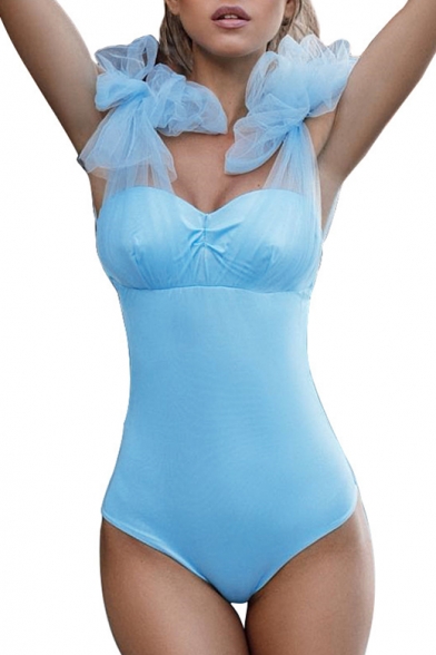 Stylish Sheer Mesh Patched Bow Tied Plain One Piece Swimwear
