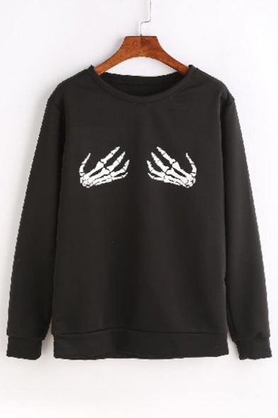 Stylish Skeleton Hand Print Round Neck Long Sleeves Pullover Sweatshirt