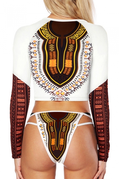Color Block Zip Up Tribal Print Long Sleeve Strappy Swimwear
