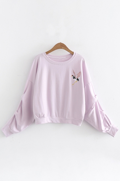 Women's Fashion Red-Crowned Crane Embroidered Ruched Sleeve Cropped Sweatshirt
