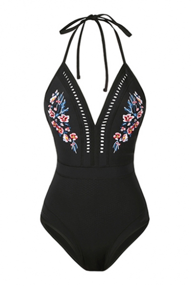 Chic Sexy Halter Floral Embroidered Sleeveless Hollow Out One Piece Swimwear