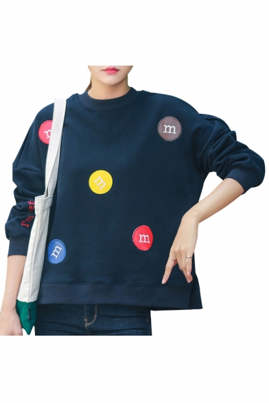 Comic Colorful Letter Printed Applique Round Neck Long Sleeve Loose Pullover Sweatshirt