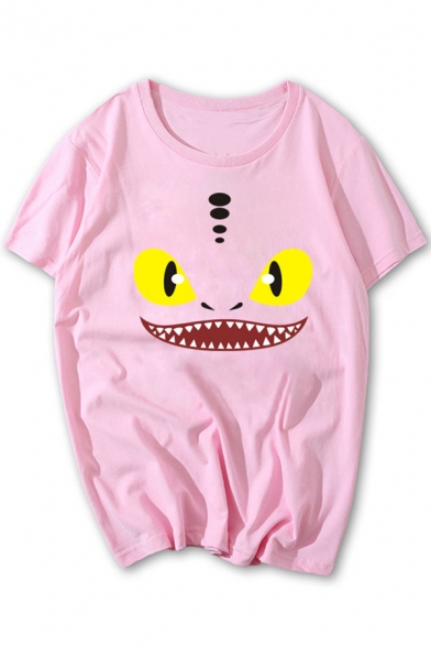 Cute Monster Face Print Round Neck Short Sleeves Casual Tee