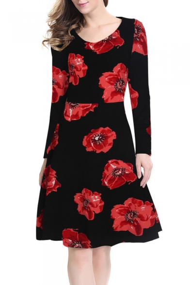 Elegant Floral Print Scoop Neck Long Sleeve A-line Midi Dress