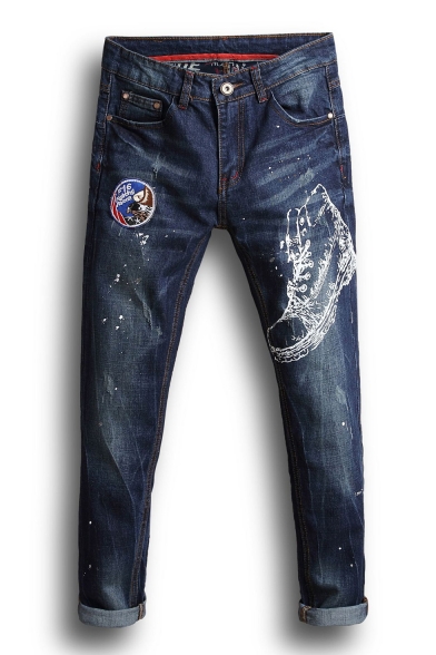 Fashion Printed Simple Embroidered Zipper Fly Leisure Jeans