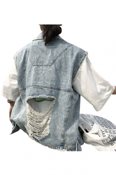 Fashion Ripped Fringe Trim Lapel Collar Denim Vest with Pockets