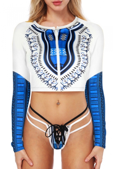 Fashionable Tribal Print Color Block Zip Up Long Sleeve Strappy Swimwear