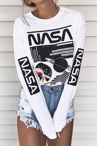 Hot Fashion Leisure Letter Planet Printed Round Neck Long Sleeve Tee