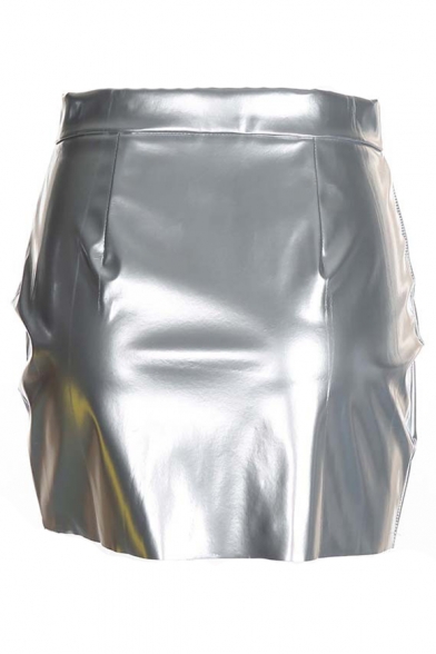 Hot Popular PU Zipper Fly Plain Mini A-Line Skirt