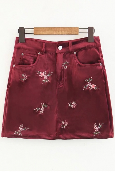 New Collection Floral Embroidered Zipper Fly Mini A-Line Skirt