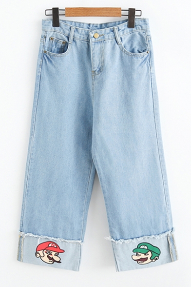 Pop Fashion Cartoon Game Print Zipper Fly Wide Leg Loose Cropped Jeans
