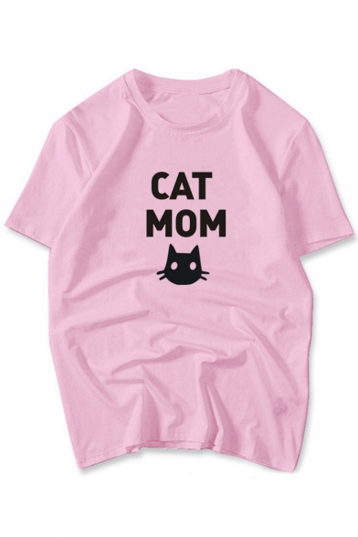 Popular Cat Cartoon Letter Print Round Neck Short Sleeves Casual Tee