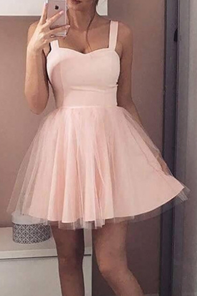 Sexy Plain Straps Sleeveless Mesh Patched Mini A-Line Dress