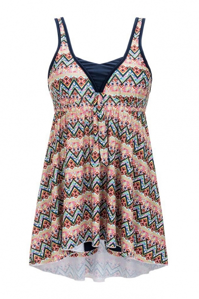 Sexy V Neck Two Pieces V Neck Tribal Printed Tank with Shorts Swimwear