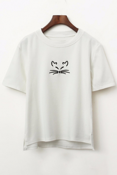 Simple Basic Cat Embroidered Round Neck Short Sleeve Tee