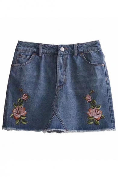 Simple Floral Embroidered Zipper Fly Pocket Detail Mini Denim A-line Skirt