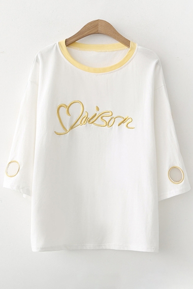 Simple Letter Embroidered Contrast Round Neck Hollow Out Short Sleeve Tee